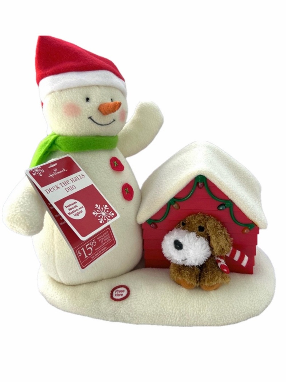 Hallmark Deck the Hall Duo Snowman Dog Plush Sound Motion Lights Decor NEW WORKS